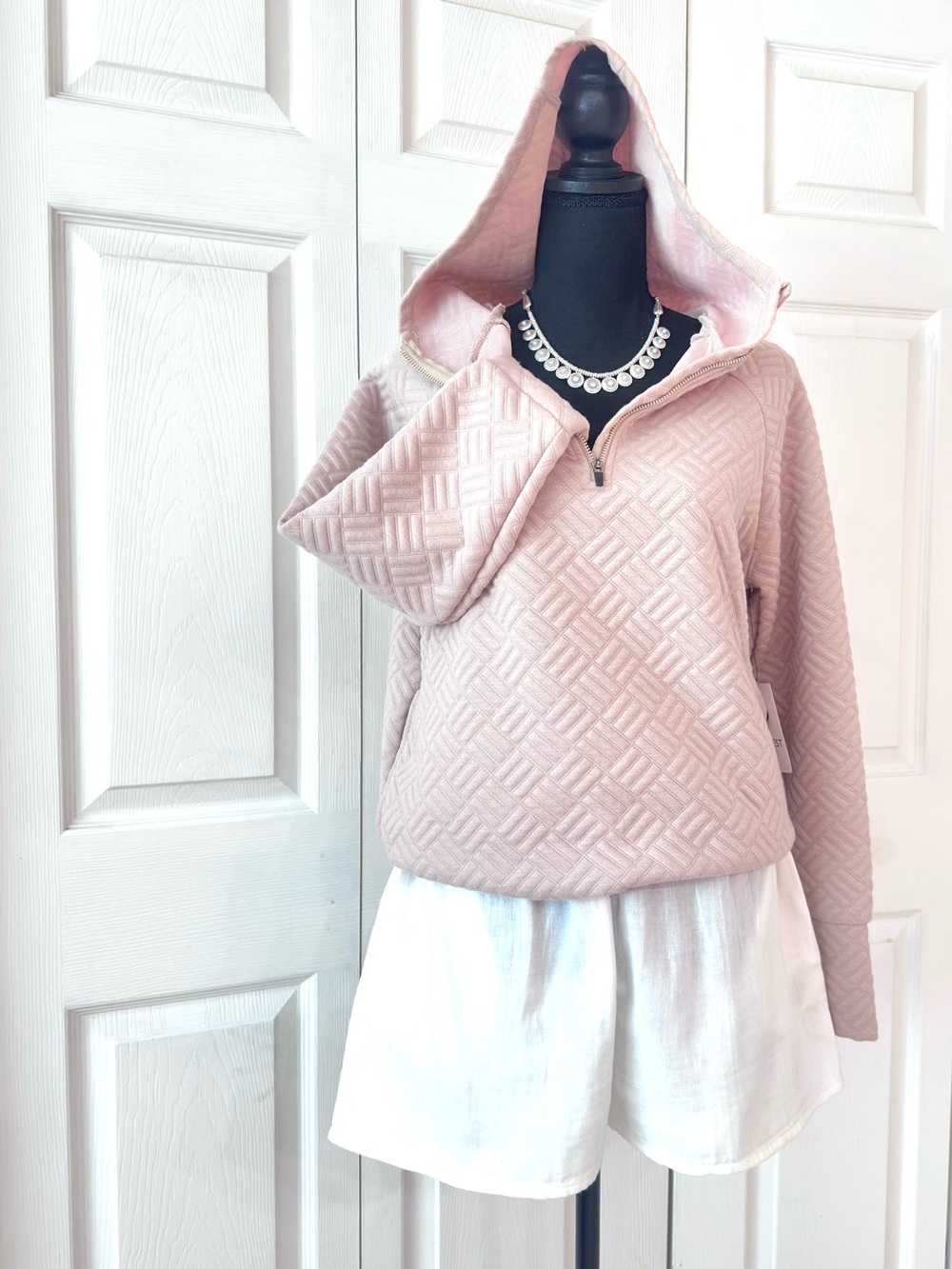 NINE WEST ~ Light Blush Pink Quilted Hooded Activewear Pullover Jacket